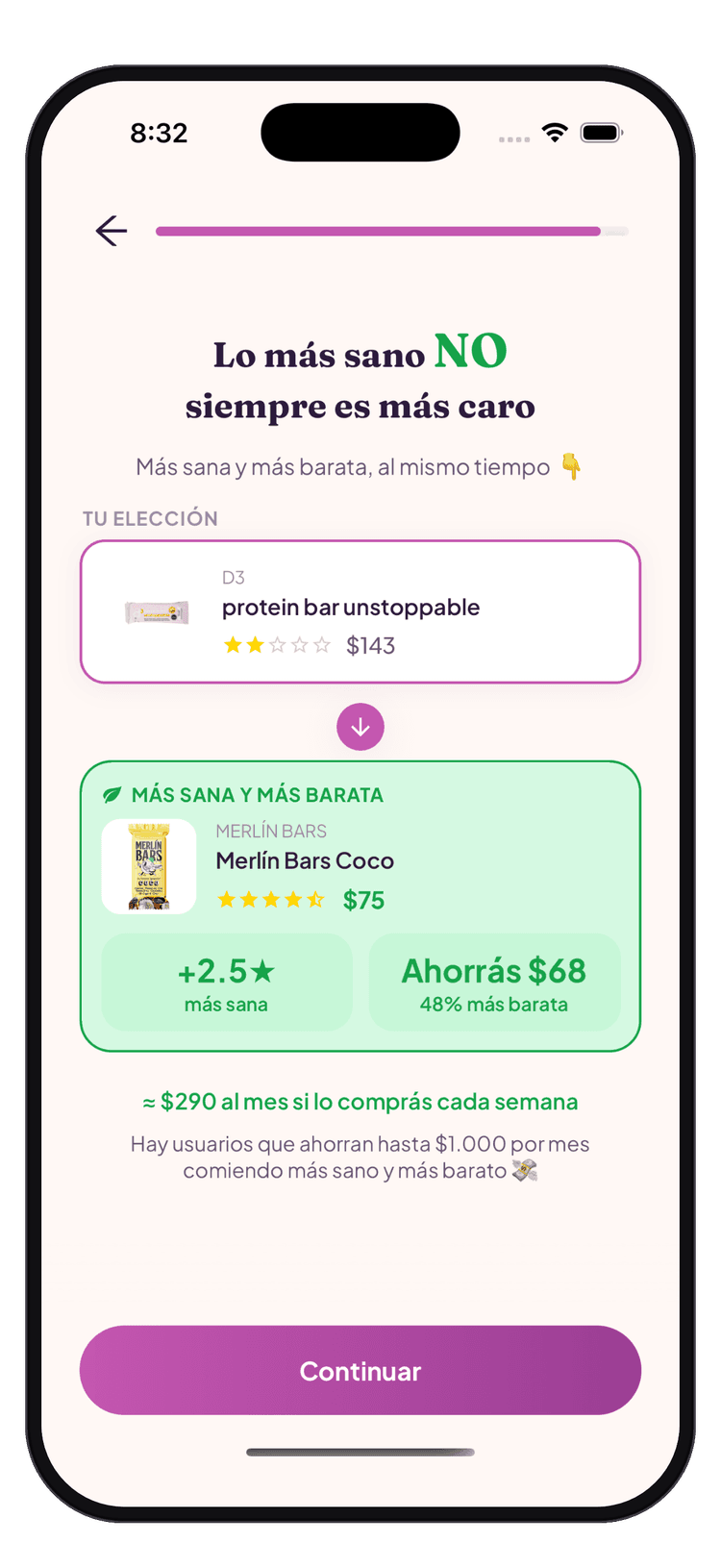 Uvita sugiriendo una barrita más sana y 48% más barata que la elegida